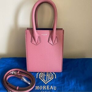 NWT $1175 Moreau Paris Leather Mini Suite Tote Bag with crossbody strap Rose